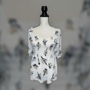 Mellóday Floral Print Smocked Ruffle Blouse Top Medium